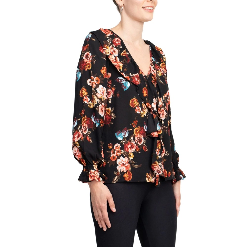 515.Counterparts Ruffled V-Neck Long Sleeve, Black Multi Print Crepe Top. Size L - Picture 4 of 4